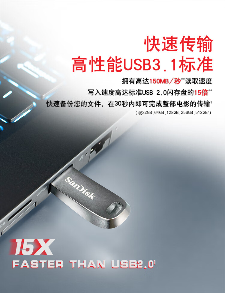 闪迪(SanDisk)256GB USB3.1 U盘CZ74酷奂银色 读速150MB/s 金属外壳 内含安全加密软件