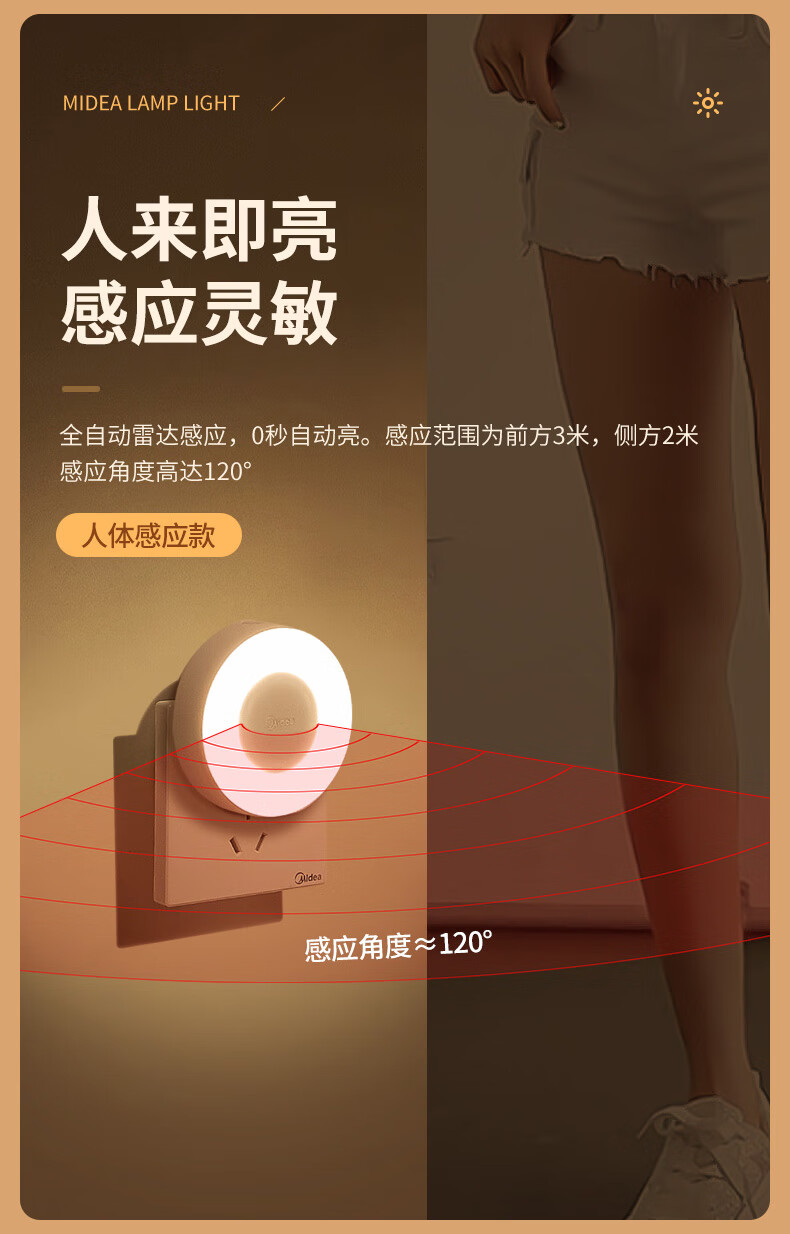 Midea小夜灯儿童书房寝室宿舍过道走廊起夜灯卧室伴睡眠氛围床头灯 机械普通（插电款）MTD0.4-M/K-04