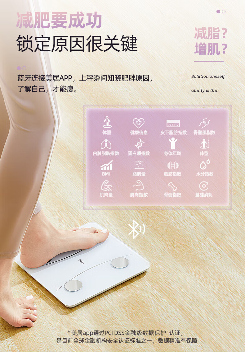 Midea智能电子秤 人体称精准家庭家用小型称重体重耐用 检测精准/USB充电蓝牙 MS-CF4