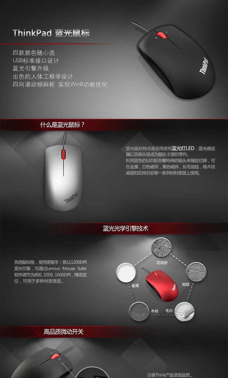 联想（Lenovo）Think 有线蓝光鼠标 小巧便携 商务办公鼠标 笔记本台式机适用 磨砂黑 0B47151