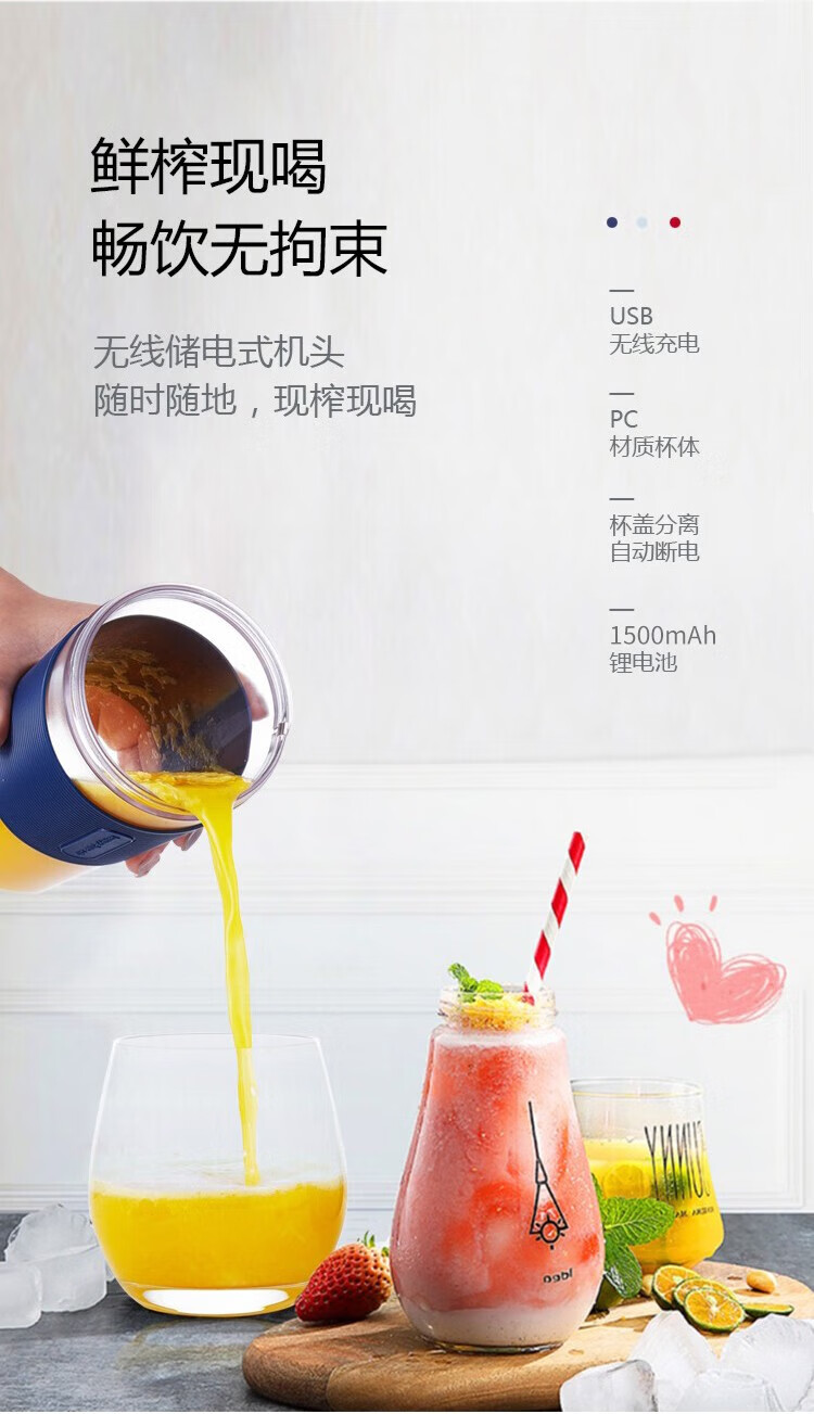 利仁（Liven）榨汁机 便携式充电迷你无线果汁机料理机随行杯 蓝色  LP-LL350