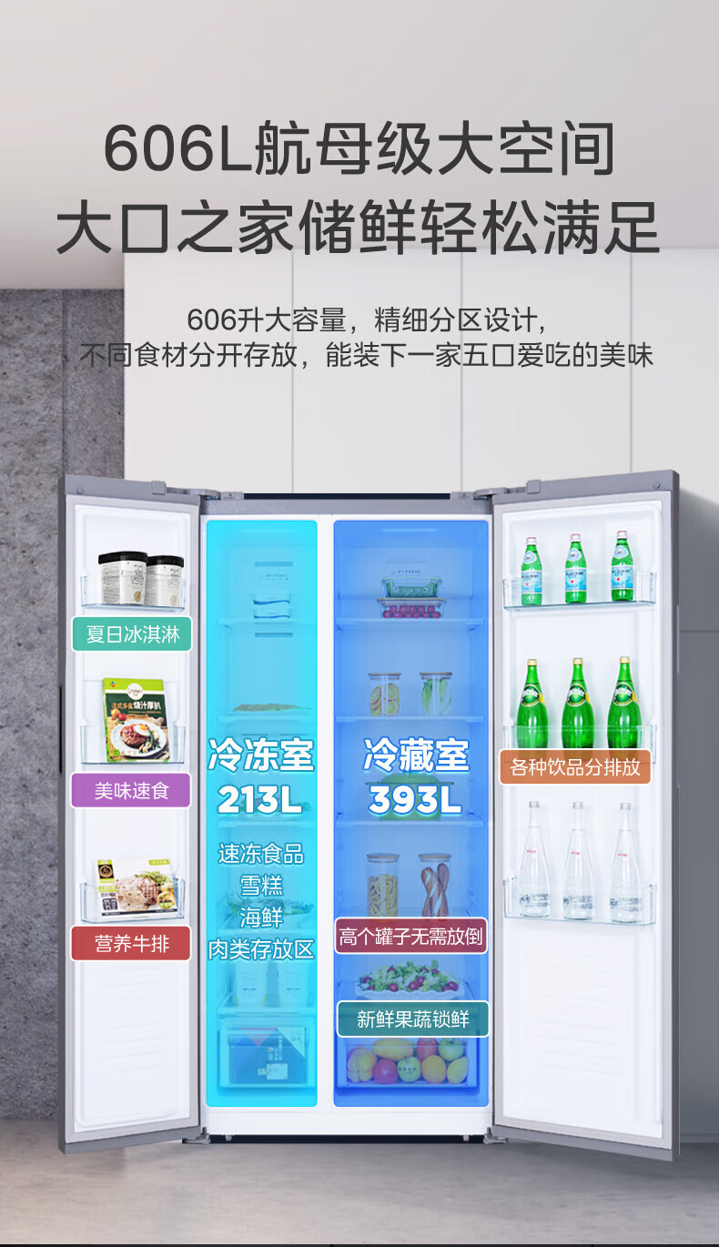 美的（Midea）606升一级能效双变频对开双开门家用电冰箱超薄大容量净味风冷无霜BCD-606WKPZM(E)