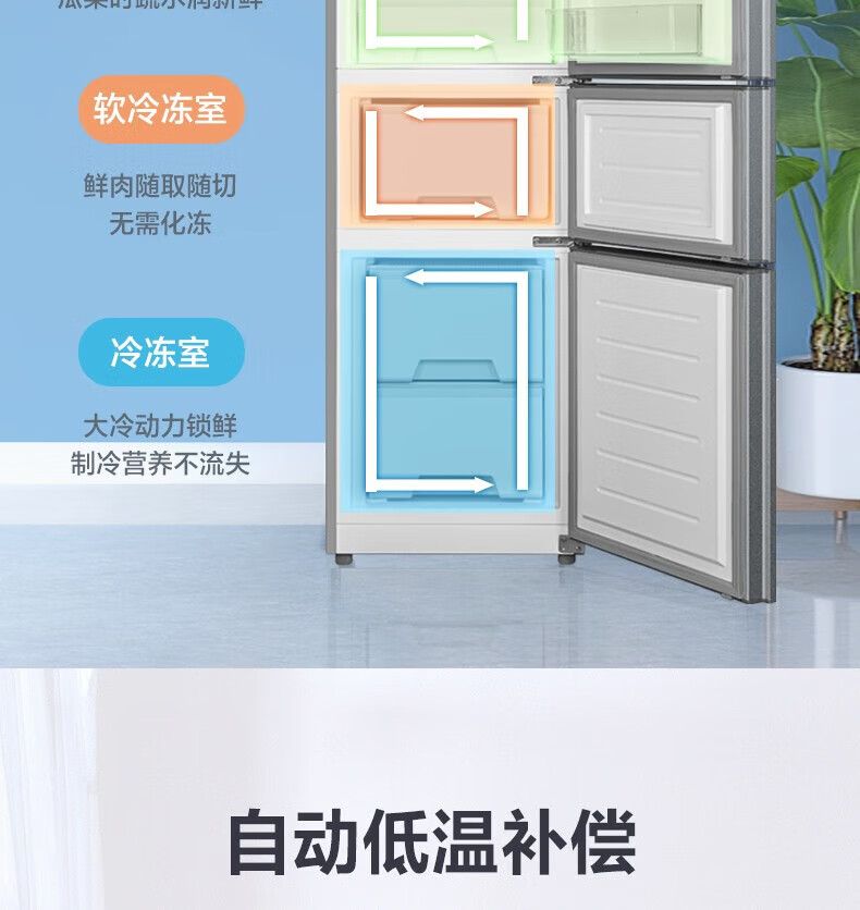 美的（Midea）冰箱215升三门家用小冰箱宿舍租房节能低音三开门超薄迷你电冰箱BCD-215TM