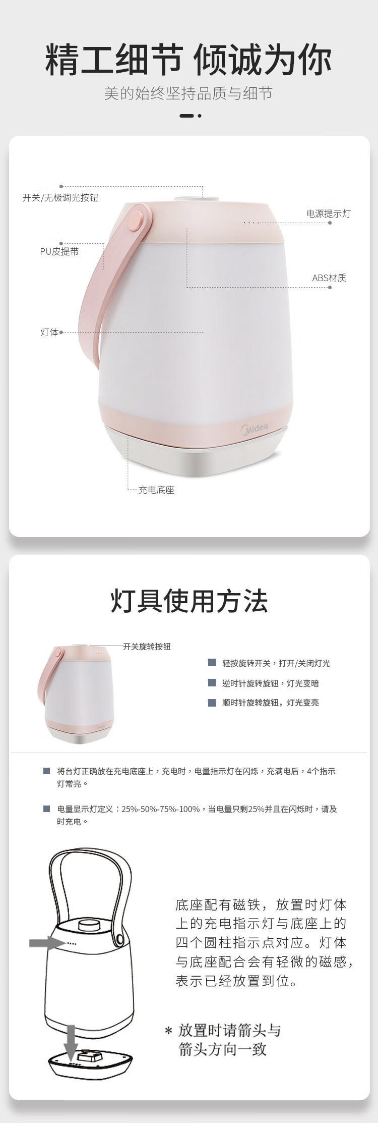 Midea台灯母婴婴儿宝宝哺乳喂奶灯卧室床头灯充电便携小夜灯樱花粉 MTD4-M/K-01