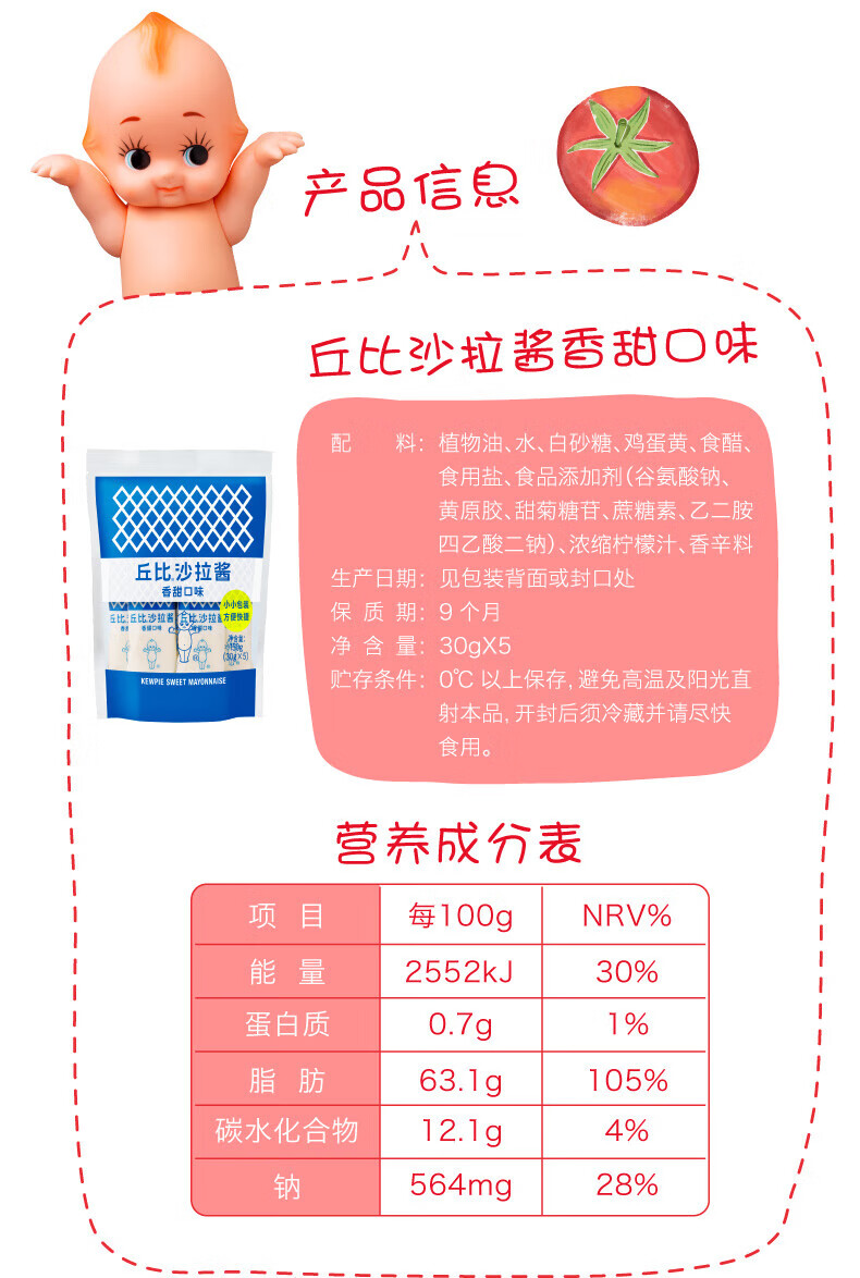 丘比 沙拉酱香甜千岛蛋黄便携装150g水果蔬菜三明治 香甜口味30g*5包