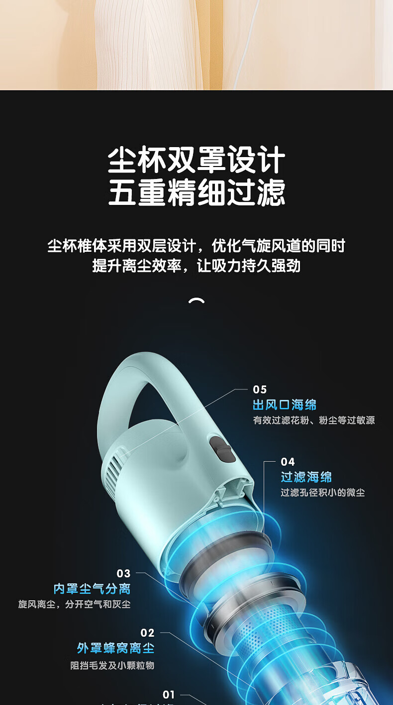 Midea吸尘器 有线家用随手吸尘器 手持式大功率 强劲大吸力吸尘器D1-Lady 淡雅绿（升级款）