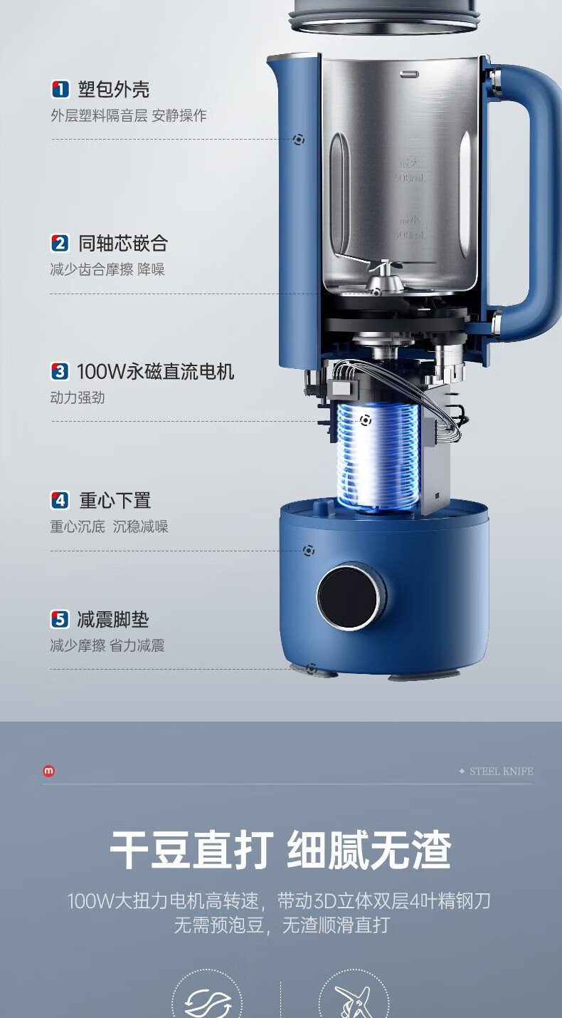 morphy richards摩飞破壁机家用豆浆机免洗降噪多功能养生壶一机两用MR8200 轻奢蓝-破壁机
