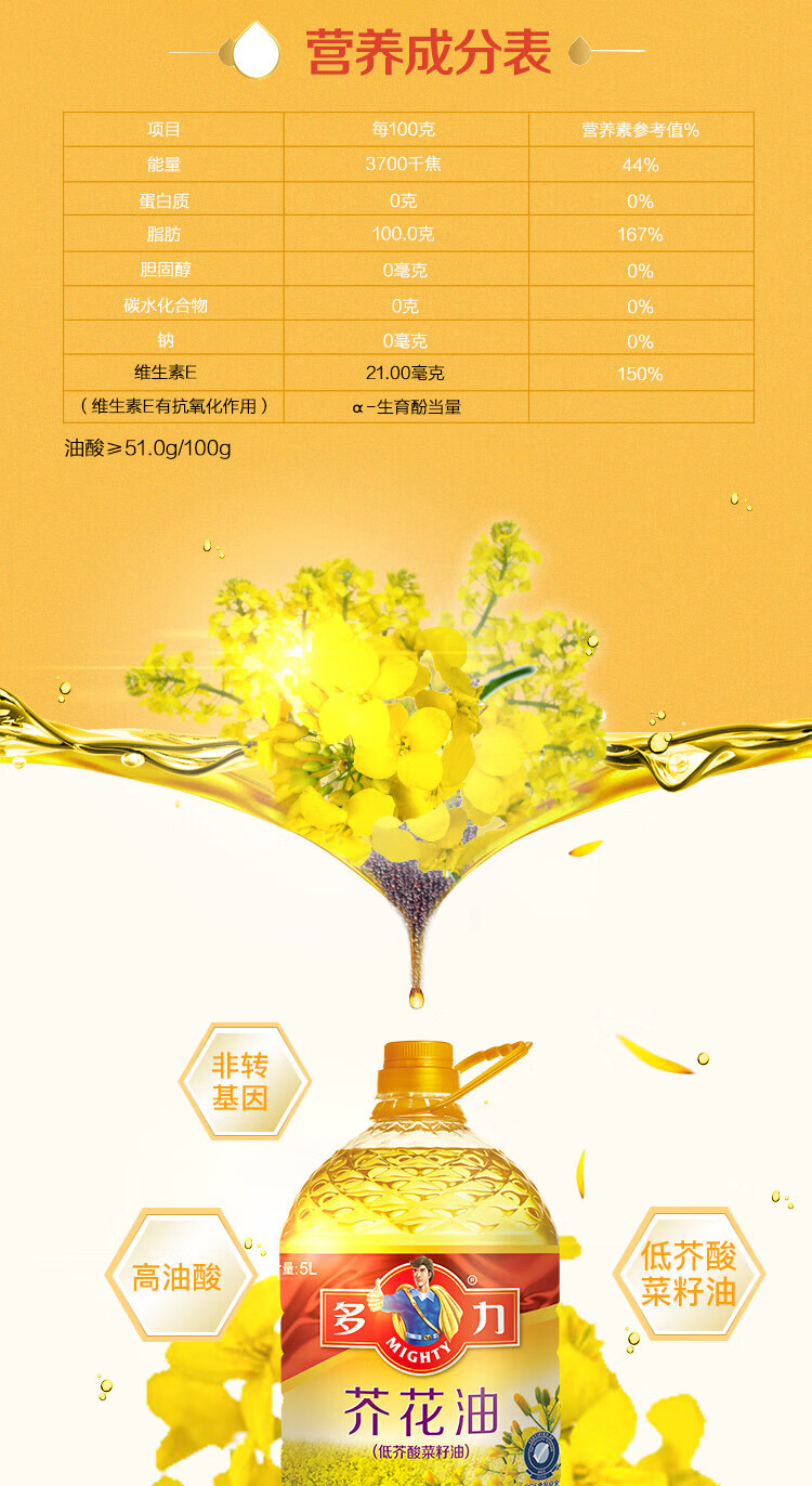 多力食用油非转基因高油酸 芥花油5L