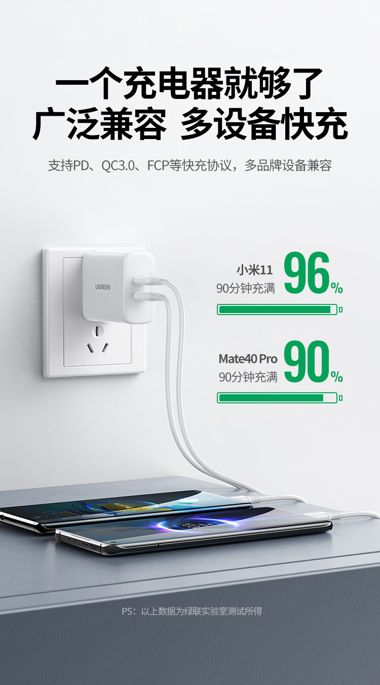 绿联（UGREEN）苹果充电器40W快充头多口充电头Type-C数据线插头PD20W通用苹果 60513