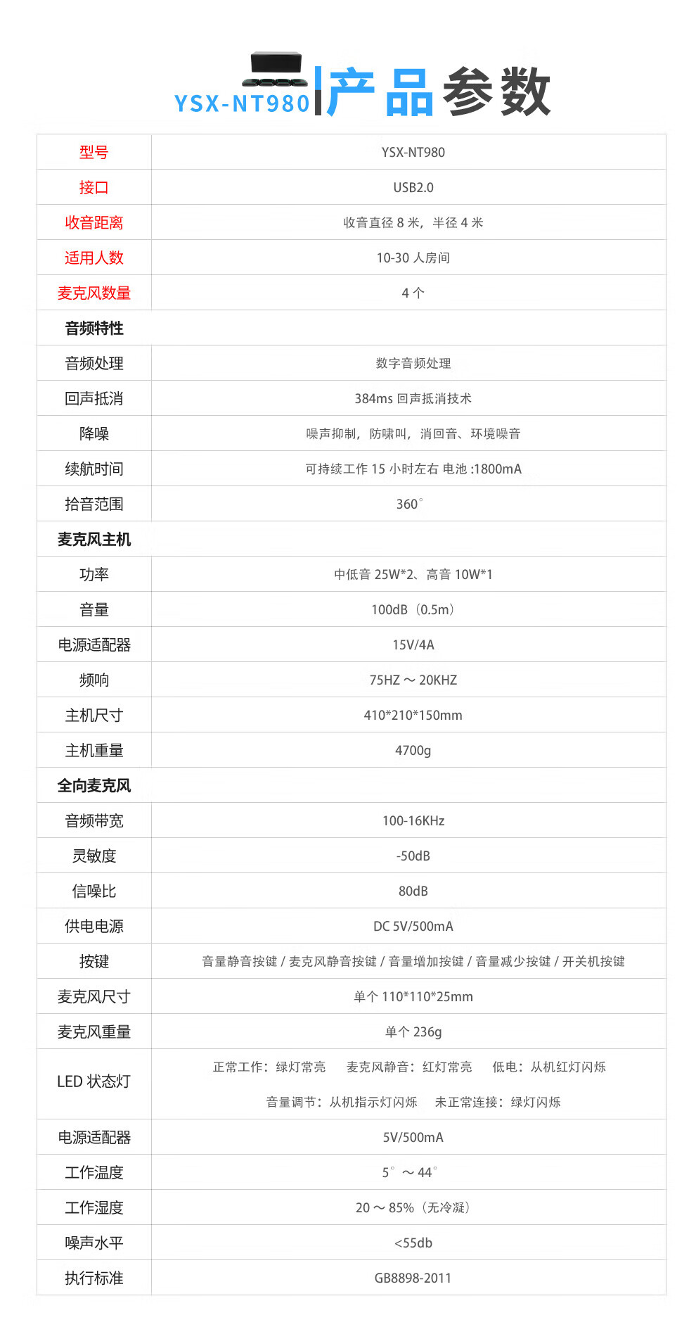 易视讯（YSX）USB视频会议全向麦克风/自动降噪消回音/收音放音一体 YSX-NT980(一拖四+定制航空箱)