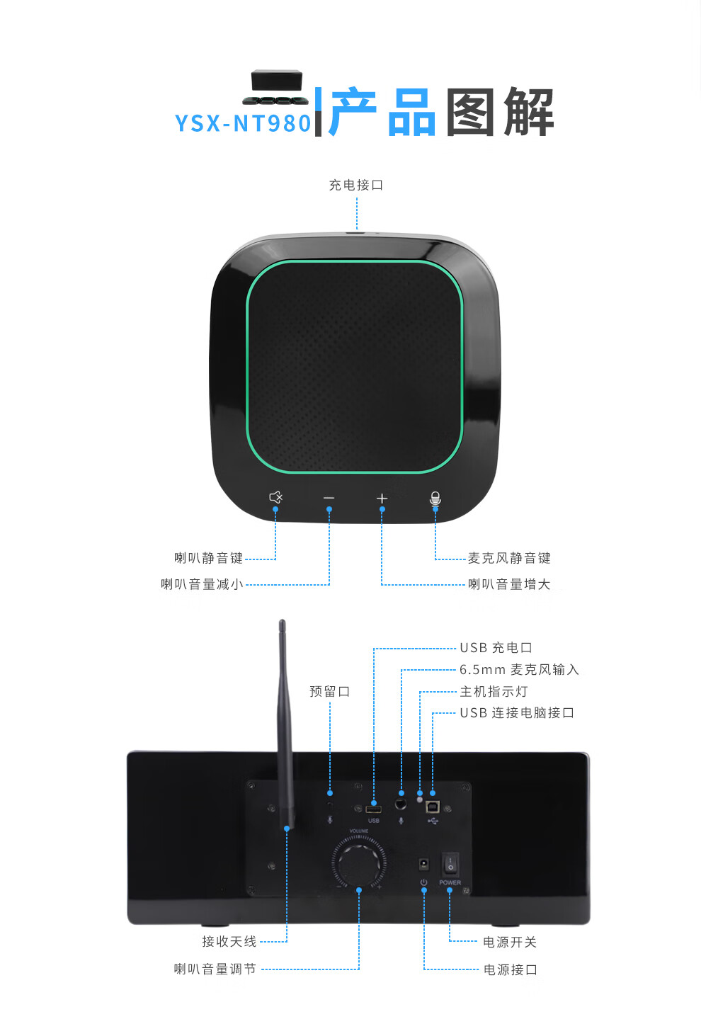 易视讯 适用20-80㎡视频会议无线级联一拖四全向麦克风系统YSX-NT960