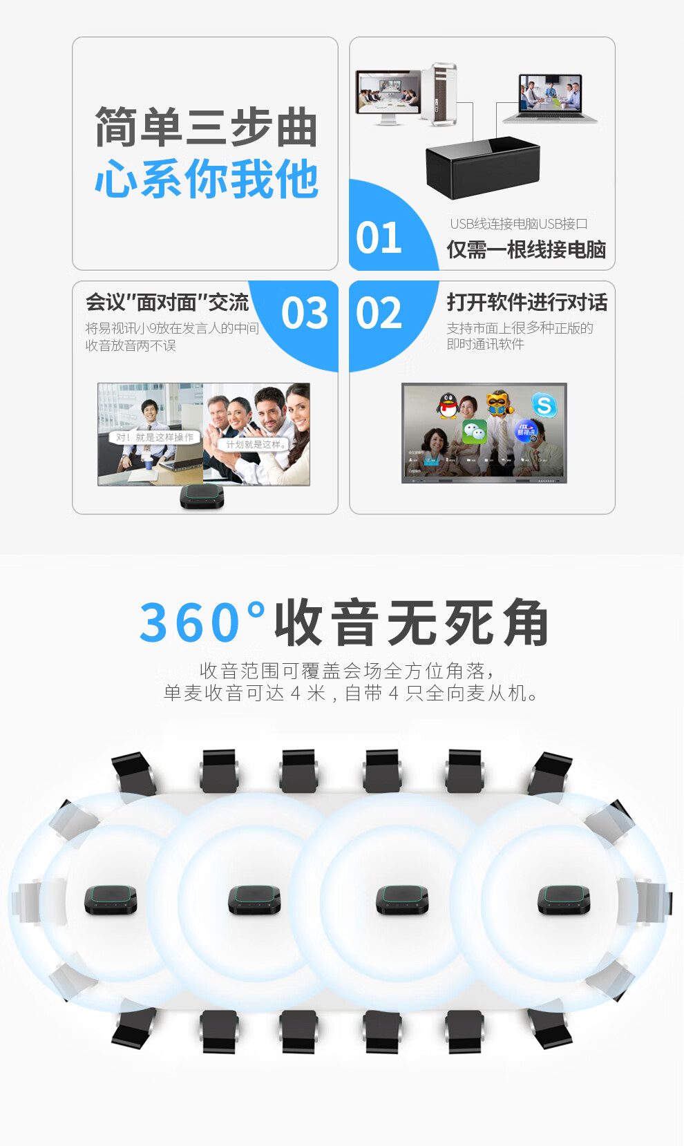 易视讯 适用20-80㎡视频会议无线级联一拖四全向麦克风系统YSX-NT960