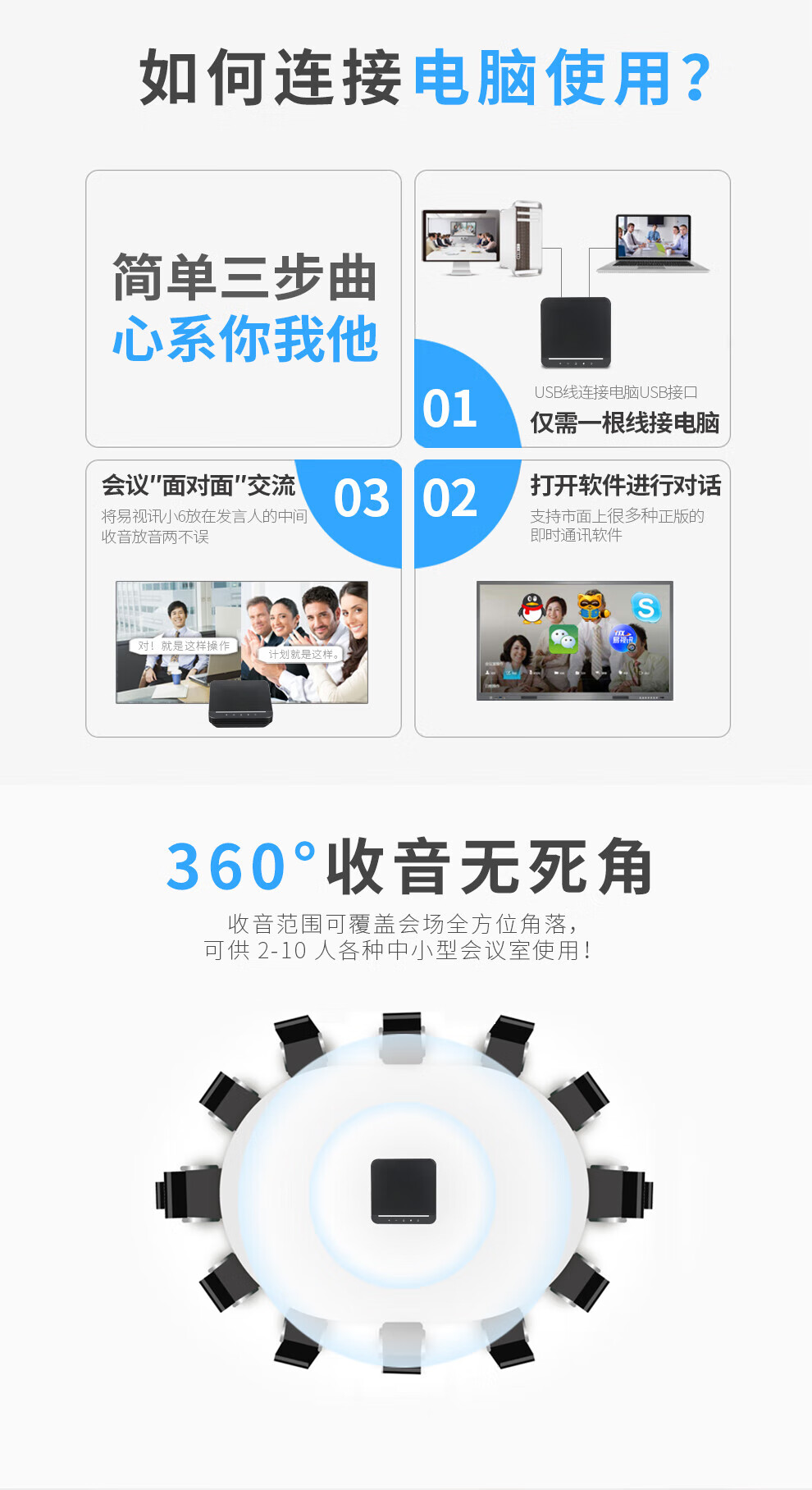 易视讯视频会议全向麦克风(适用10-30㎡视频会议室拾音6米)YSX-NT601