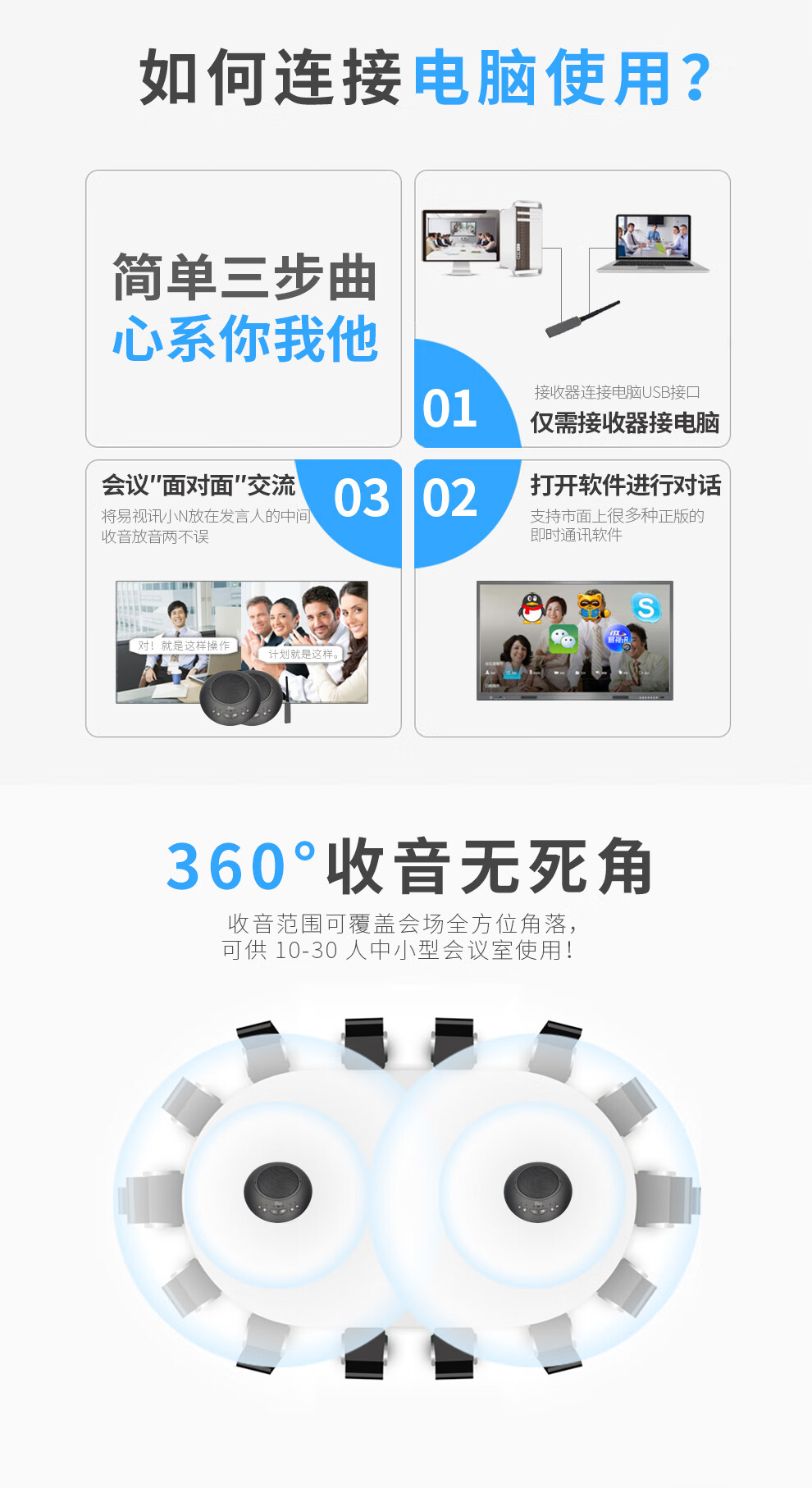易视讯YSX-NT992S无线视频会议全向麦克风(USB串联2个后适用20-60㎡视频会议室拾音3-9米)