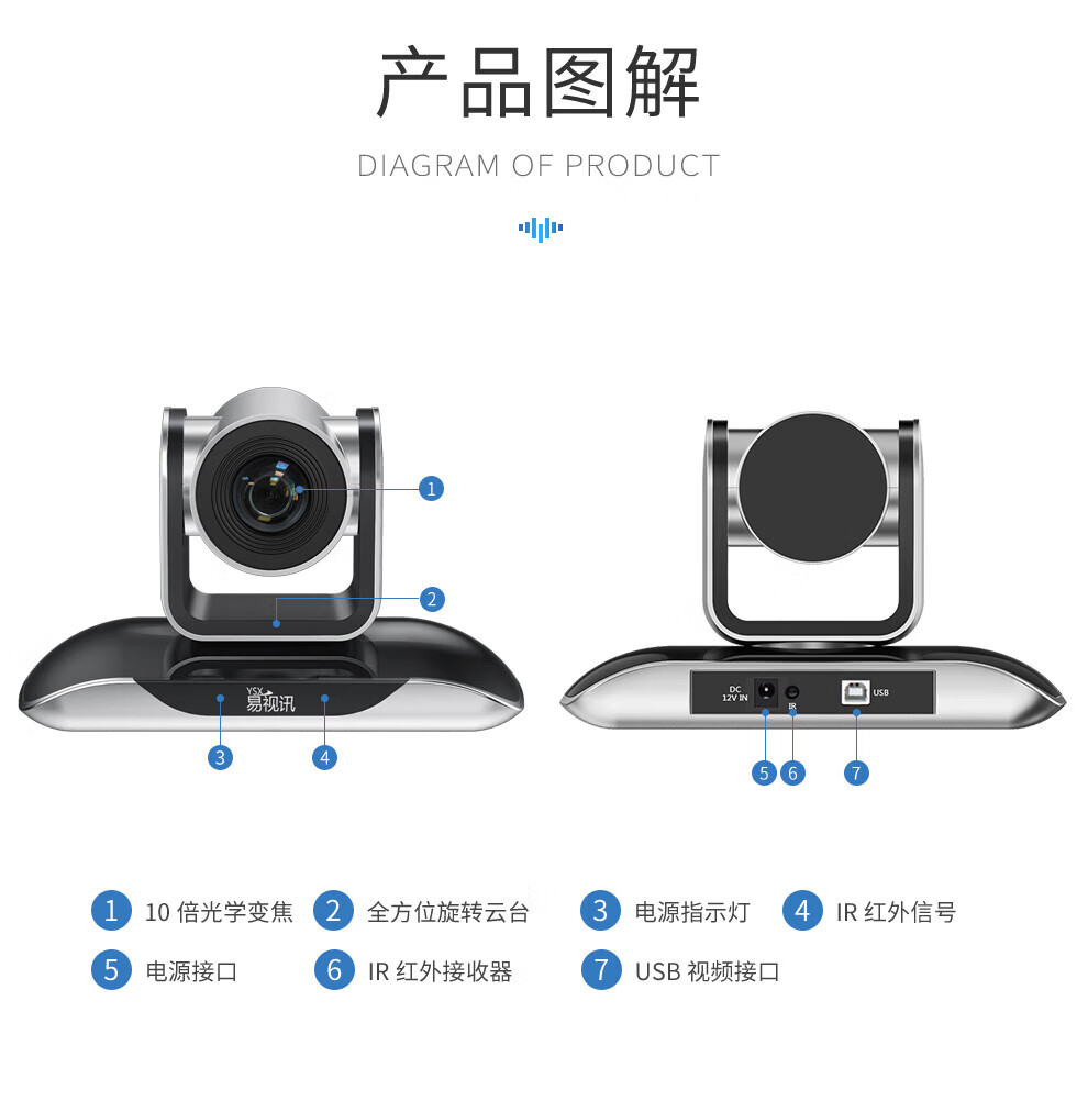 易视讯 851万像素4K超清视频会议摄像头YSX-360 10倍变焦镜头特写/USB免驱录直播网课教育医学商务会议设备机