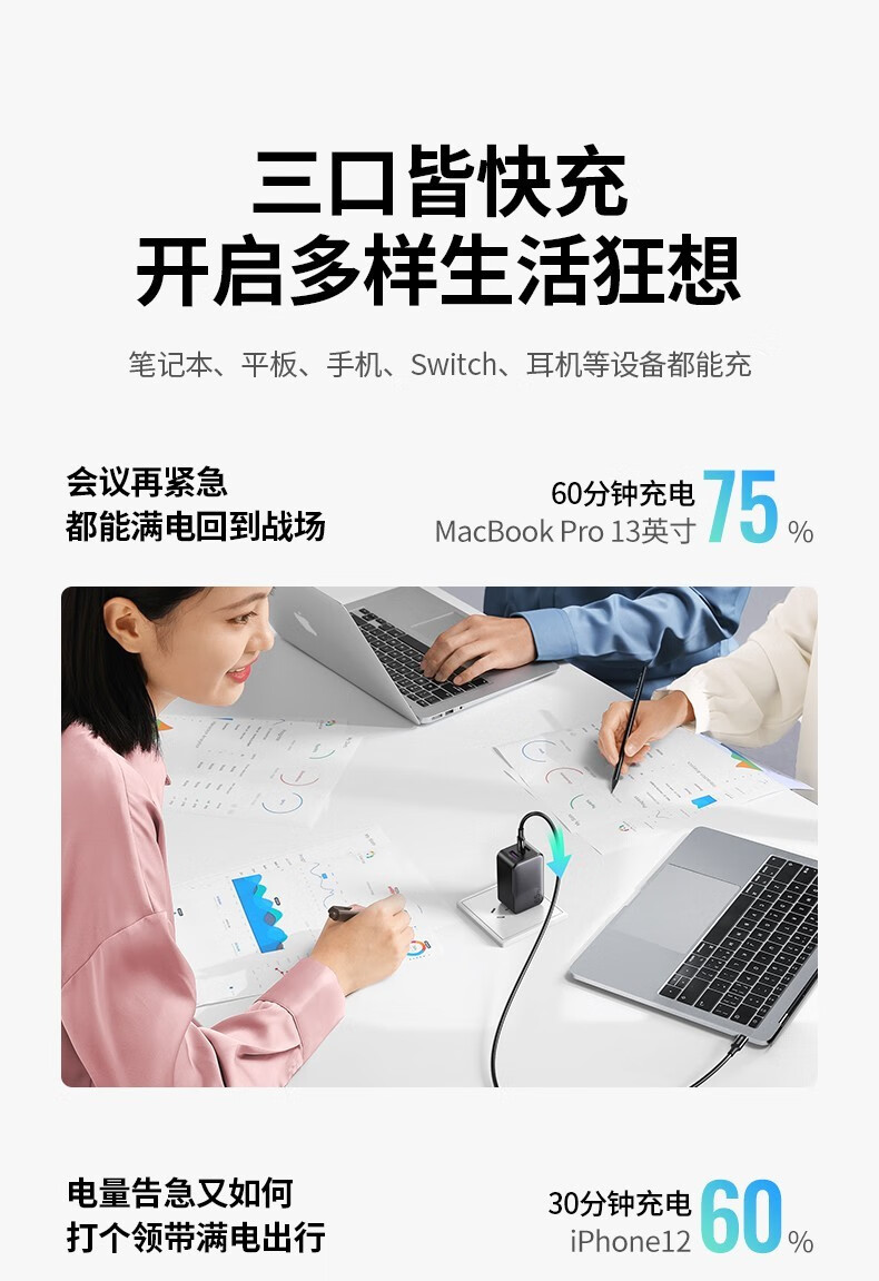 绿联（UGREEN）小口红GaNX氮化镓PD65W充电器多口充电 氮化镓快速充电器65W20700