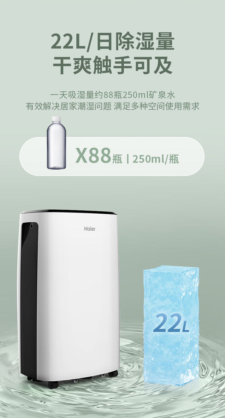 海尔（Haier）除湿机/抽湿机 除湿量22升/天 家用轻音 净化吸湿器地下室档案室干燥机 干衣机 DE22J