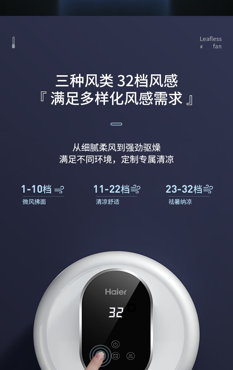 海尔（Haier）无叶风扇家用等离子杀菌遥控定时直流变频风扇 HFW-Y09