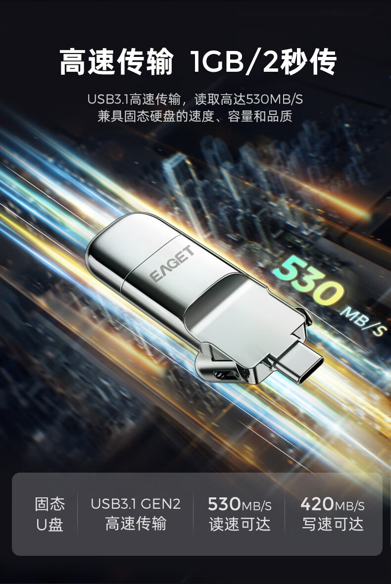 忆捷（EAGET）256GB USB3.0 HS-C02极速固态U盘 Type-C双接口 读速高达530MB/s 写420MB/s 手机固态硬盘优盘