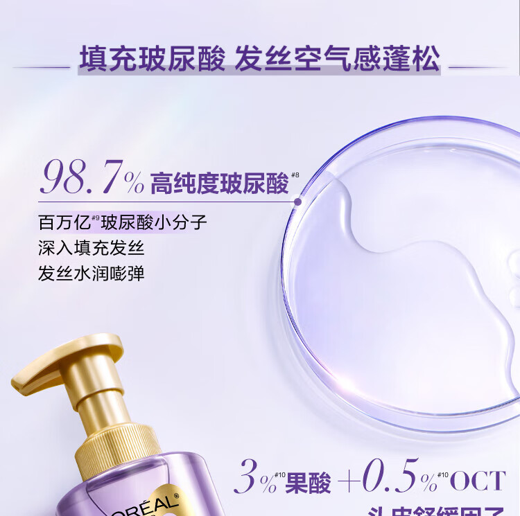 欧莱雅蓬松清爽无硅油 玻尿酸水光洗护组合（洗发露440ml+润发乳440ml）