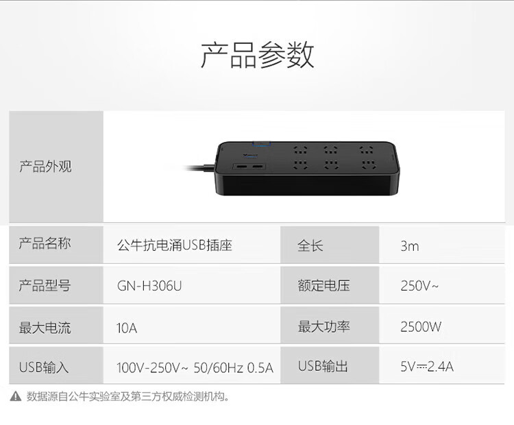 公牛（BULL）抗电涌防雷/插线板/插排/排插/接线板/拖线板 带USB+6位总控3米 GN-H306U
