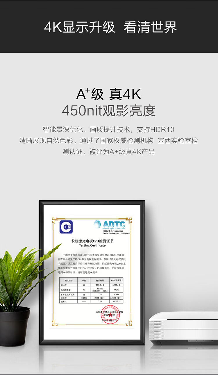 长虹（CHANGHONG）激光电视 100英寸A+级真4K高清短焦高亮度智能激光影院电视 90C7UG套件
