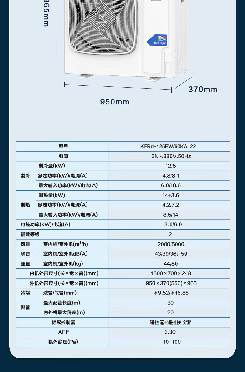 海尔（Haier）风管机一拖一中央空调 5匹变频2级能效380v KFRd-125EW/60KAL22