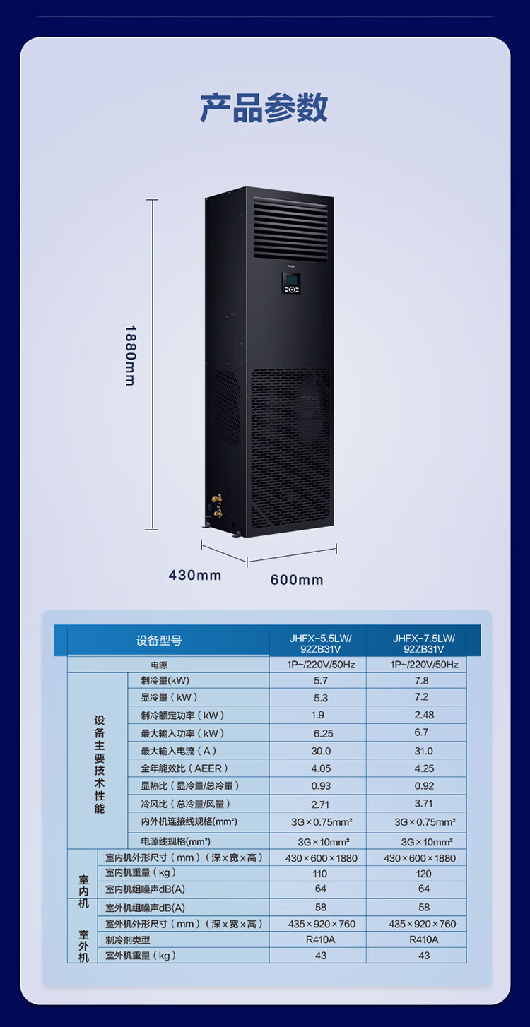 海尔（Haier）柜式空调精密中央空调柜机基站380V机房化验室恒温24小时运转220V基站专用4匹JHFX-10LW/92ZC31