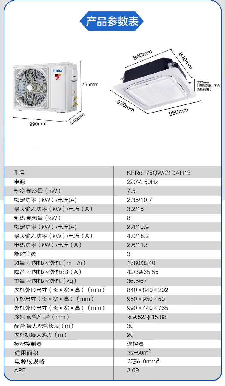 海尔（Haier）吸顶空调 天花机3匹 中央空调 八面出风智能隐显6年新能效冷暖220v KFRd-75QW/21DAH13