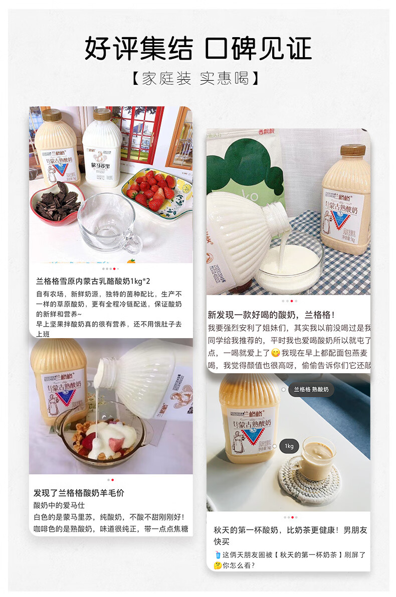 兰格格 蒙古低温炭烧熟酸奶1kg*1瓶+蒙古蒙马苏里风味酸奶1kg*1瓶