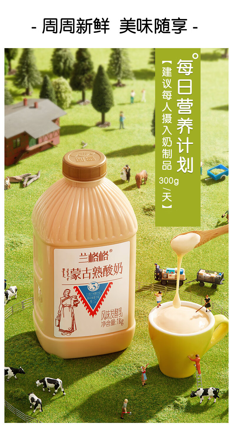 兰格格 蒙古低温炭烧熟酸奶1kg*1瓶+蒙古蒙马苏里风味酸奶1kg*1瓶