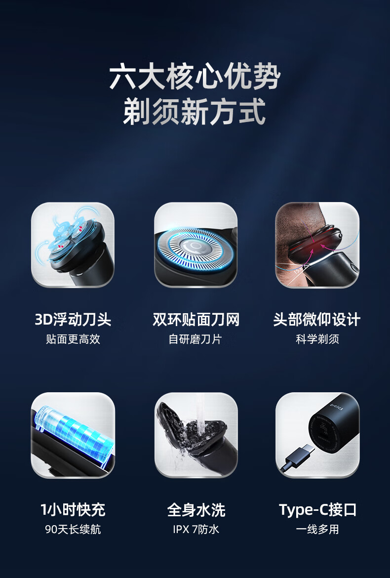 蓓慈（Beici）剃须刀 电动剃须刀 全身水洗智能刮胡刀 充电式 三刀头浮动贴面 男士胡须刀送礼物 X1（静夜黑）