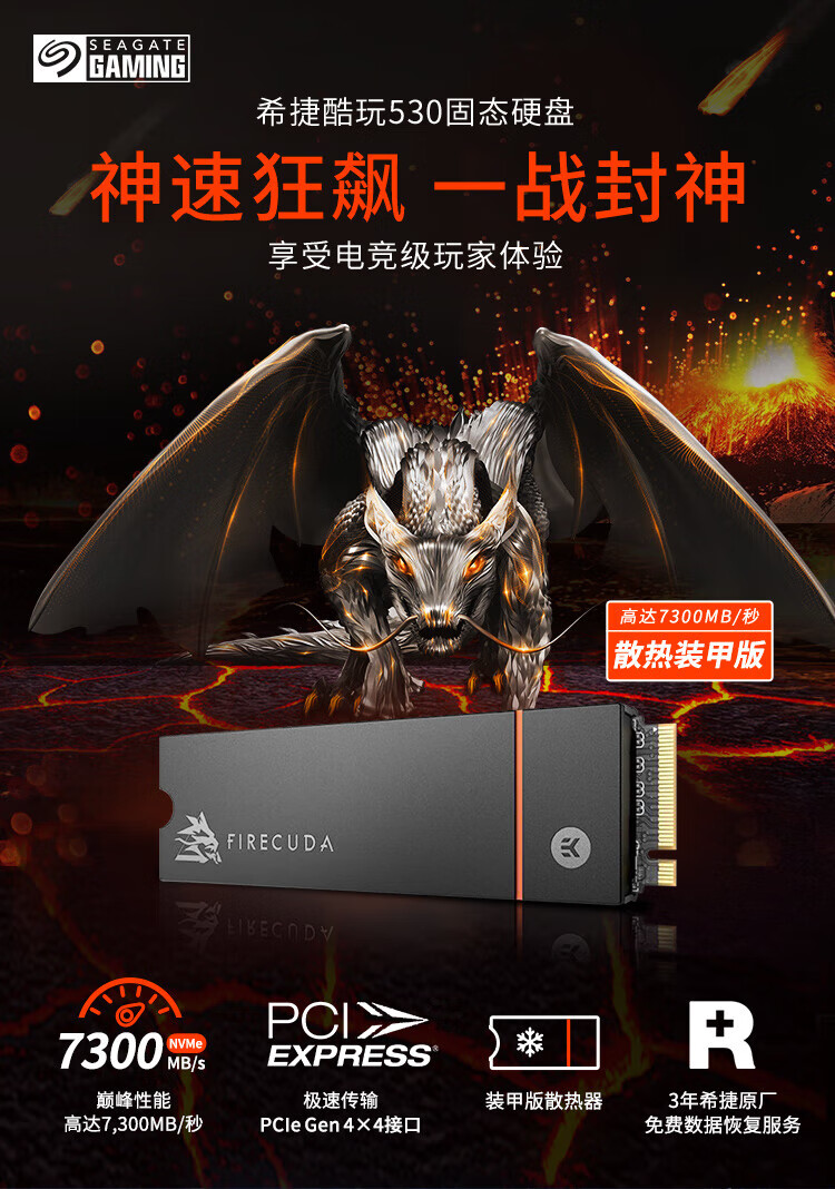 希捷(SEAGATE)2TB SSD固态硬盘 M.2 带散热器 NVMe PCIe4.0x4酷玩530 游戏 高速 大容量 FireCuda