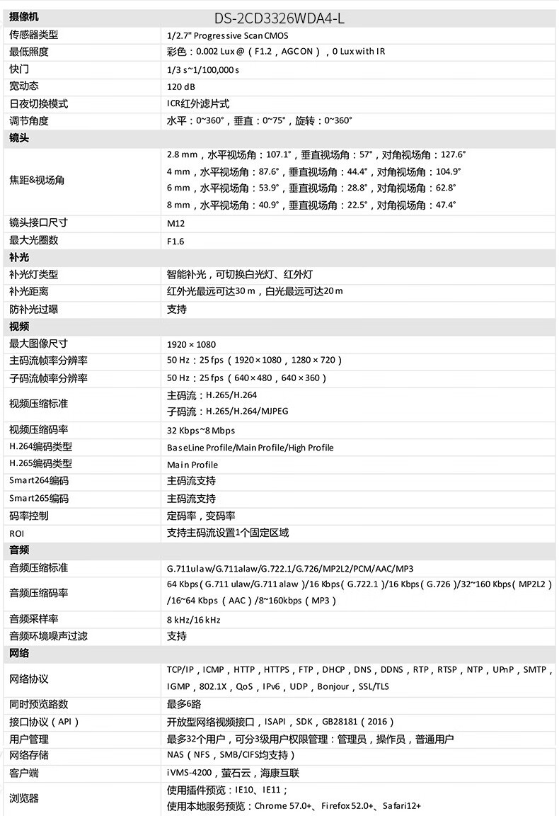 海康威视HIKVISION 监控摄像头室外智能警戒200万高清可拾音全彩夜视POE网线供电DS-2CD3326WDA4-L 6MM