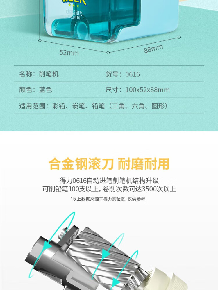 得力 (deli)学生卷笔刀 手摇削笔器 卡通转笔刀 儿童削笔机 撞色款红蓝 0616