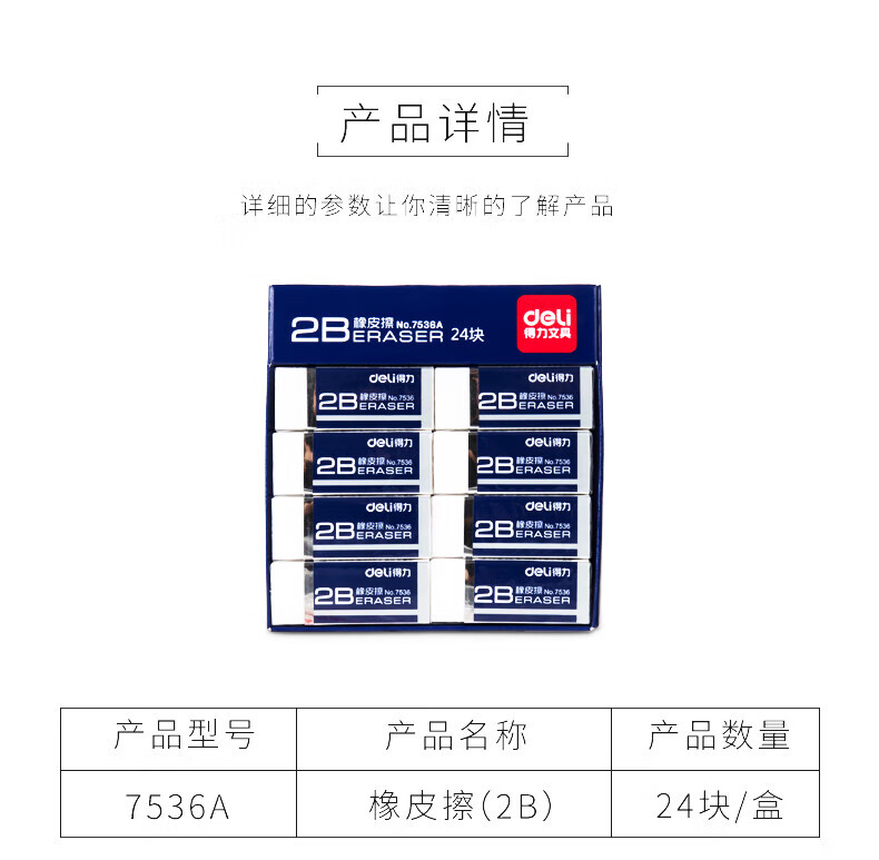 得力 (deli)净白美术橡皮擦 易擦少屑 学生考试 美术绘图橡皮 12块/盒 7536A