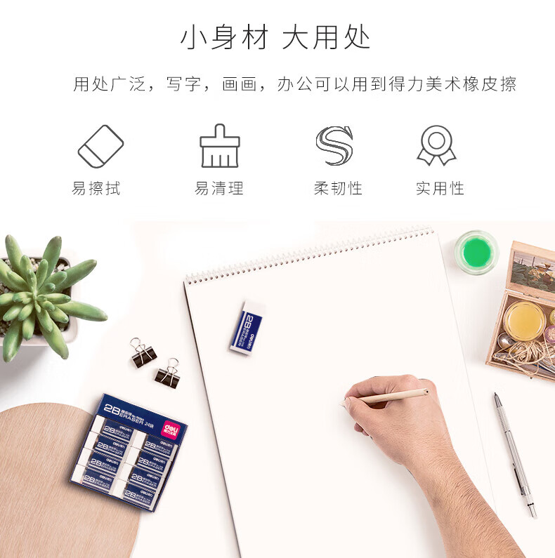 得力 (deli)净白美术橡皮擦 易擦少屑 学生考试 美术绘图橡皮 12块/盒 7536A