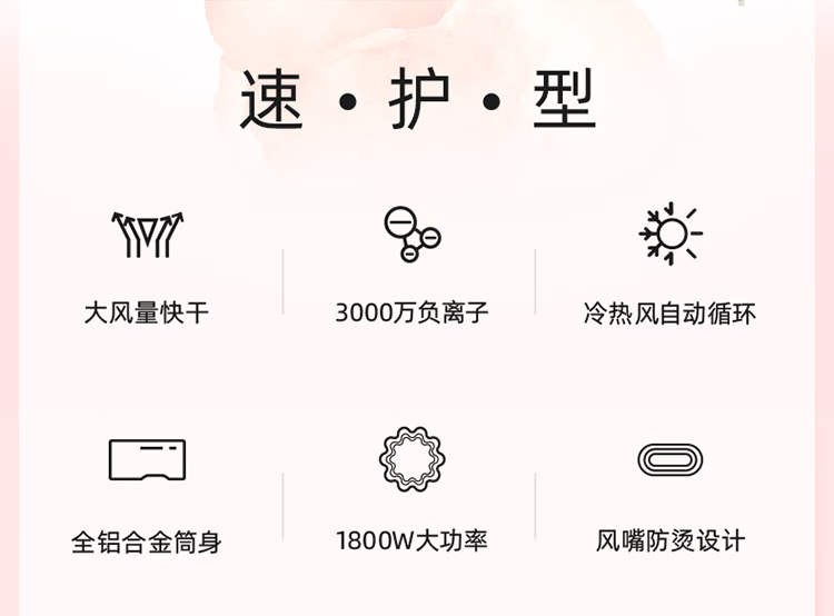 素士电吹风筒负离子高速吹风机H5粉宿舍智能学生电风吹送女生礼物