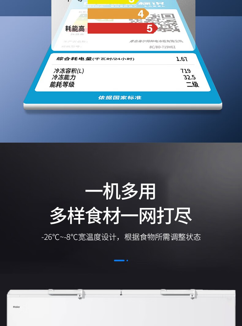 海尔（Haier）冰柜商用大容量719升 冷藏冷冻转换双门超低温冷柜 电子温控深冷速冻保鲜柜BC/BD-719HEZ