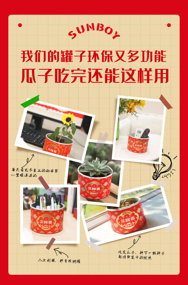三胖蛋（sanpangdan） 坚果炒货 休闲零食 原味大葵花籽218g*4罐（新老包装随机发货）