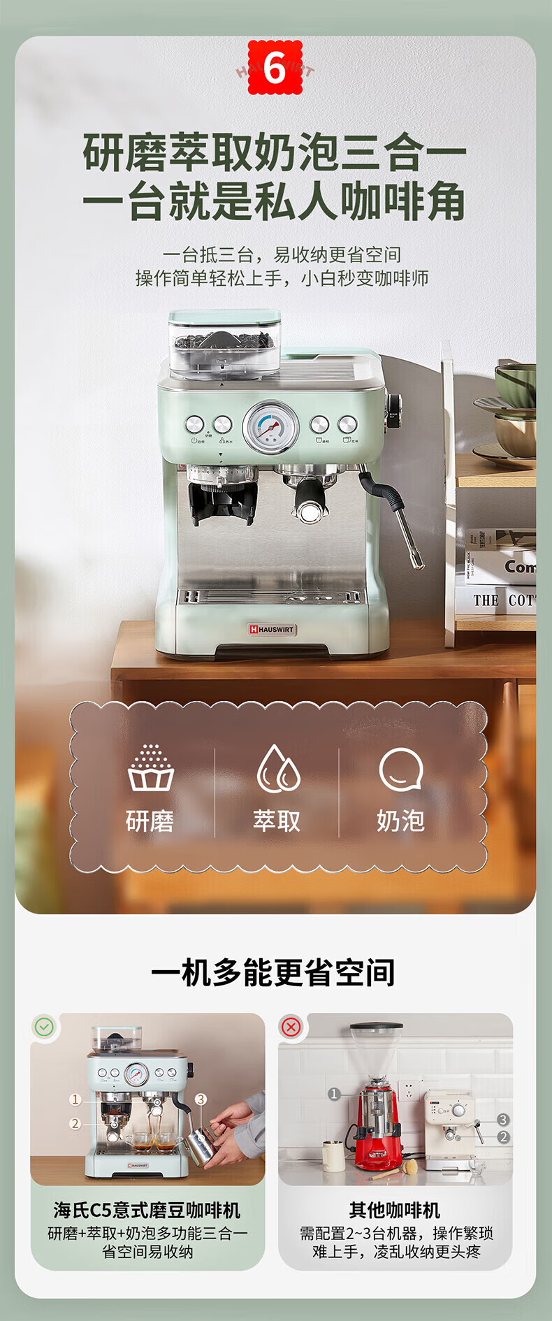 海氏（Hauswirt）意式磨豆咖啡机半自动家商用双锅炉蒸汽打奶泡机 C5湖水绿