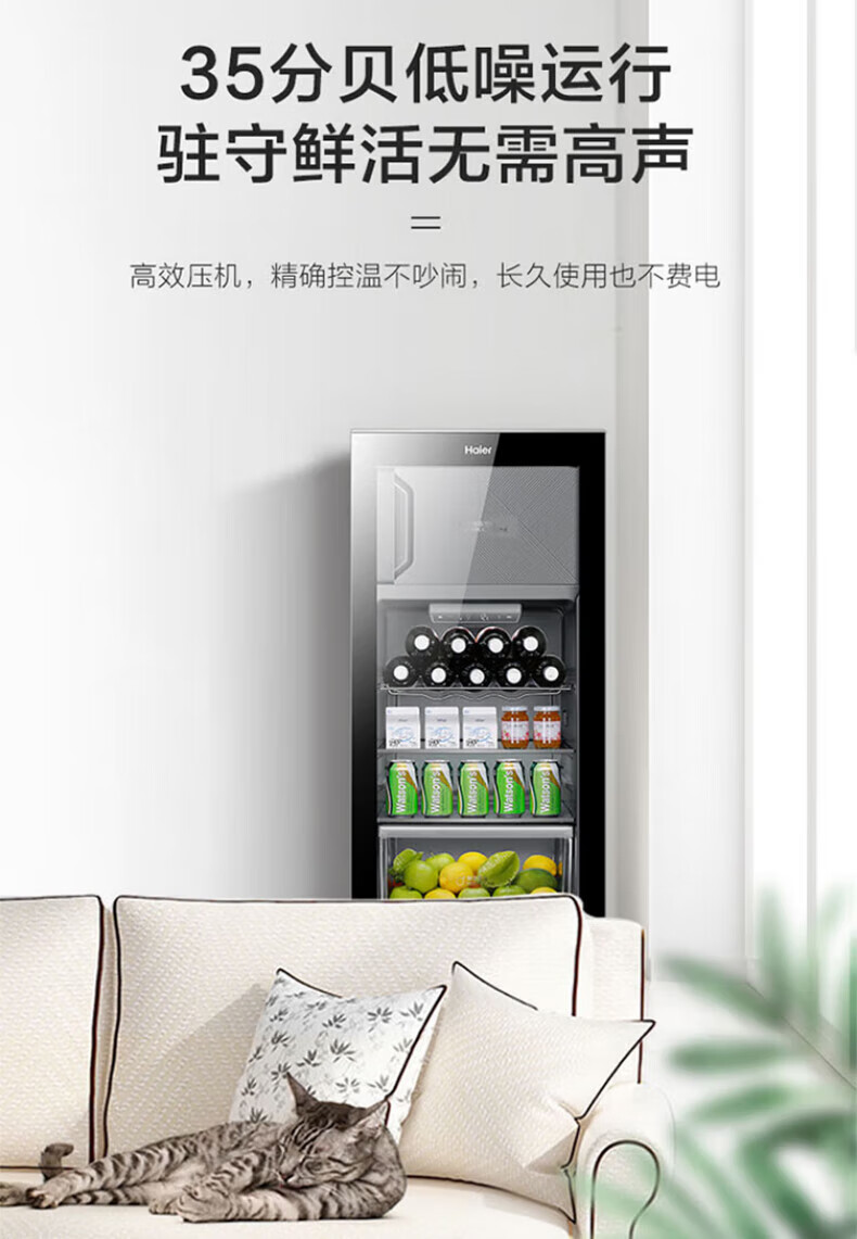 海尔（Haier）冰吧小冰箱 立式冷藏柜 透明玻璃门茶叶冷藏保鲜柜小型饮料柜 92升/黑金净化/电子控温LC-92LHESD1
