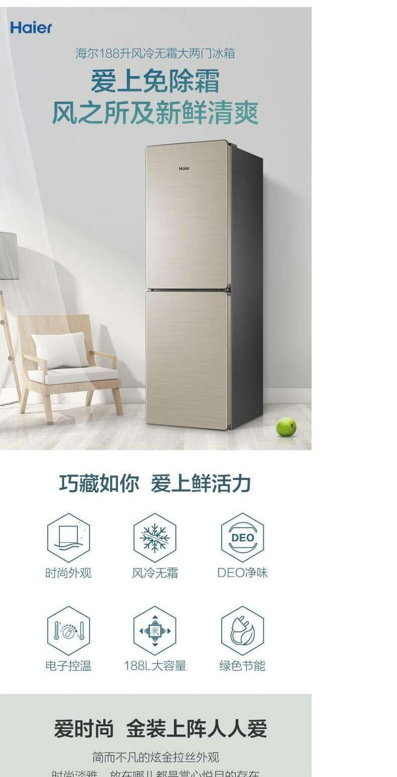 海尔（Haier）双门冰箱188升无霜小型家用租房宿舍双开两门风冷无霜电冰箱 BCD-188WDPS
