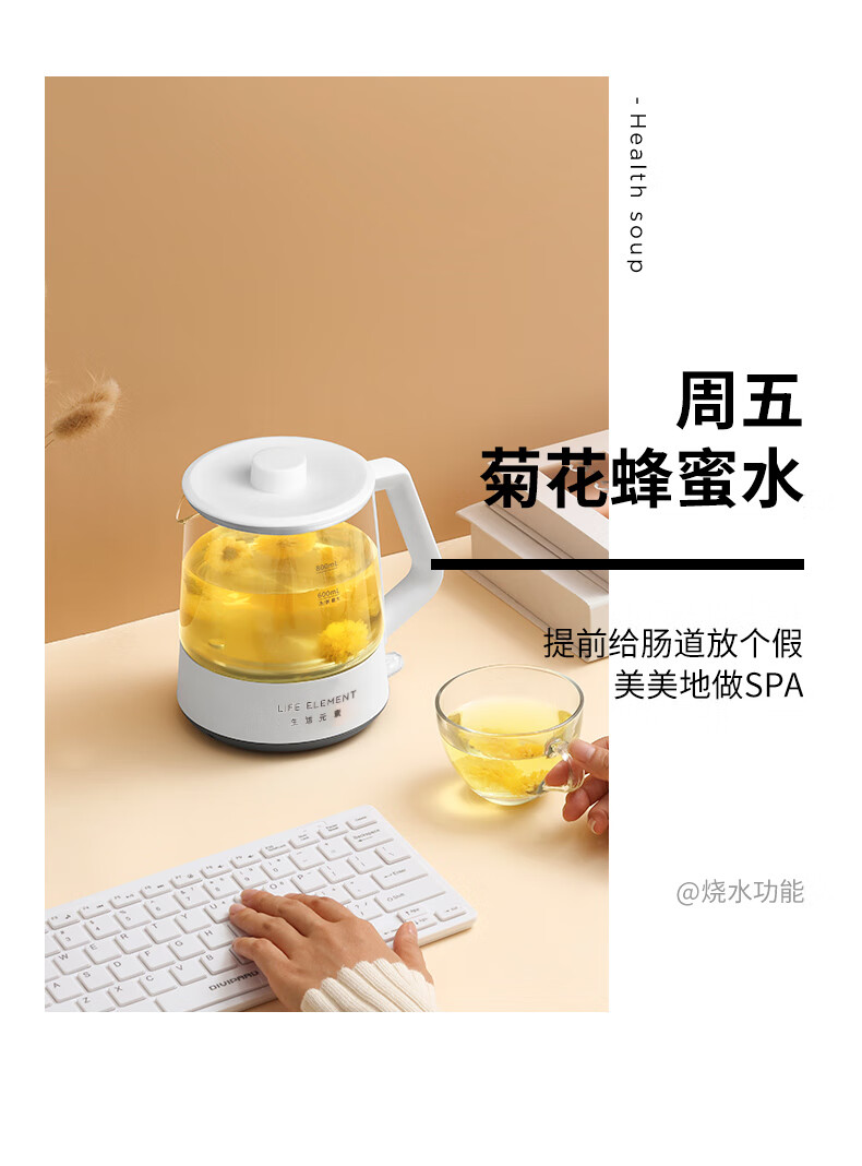 生活元素养生壶玻璃煮茶器养生壶 i188蒸茶壶烧水多功能小型迷你一键式办公室保温花茶壶