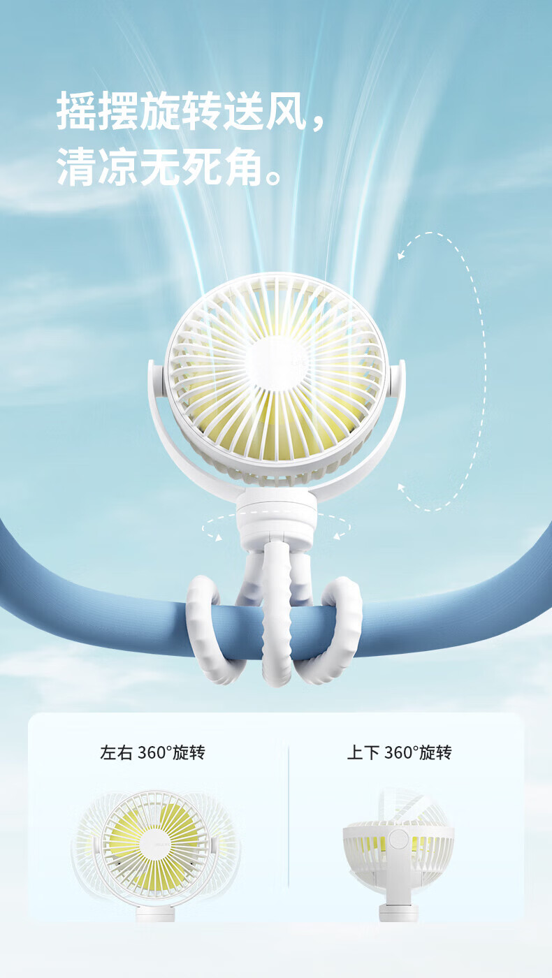 几素婴儿车风扇小型宝宝推车柔风小风扇便携式充电儿童迷你卧室床上夹式bb车专用 FA24白色