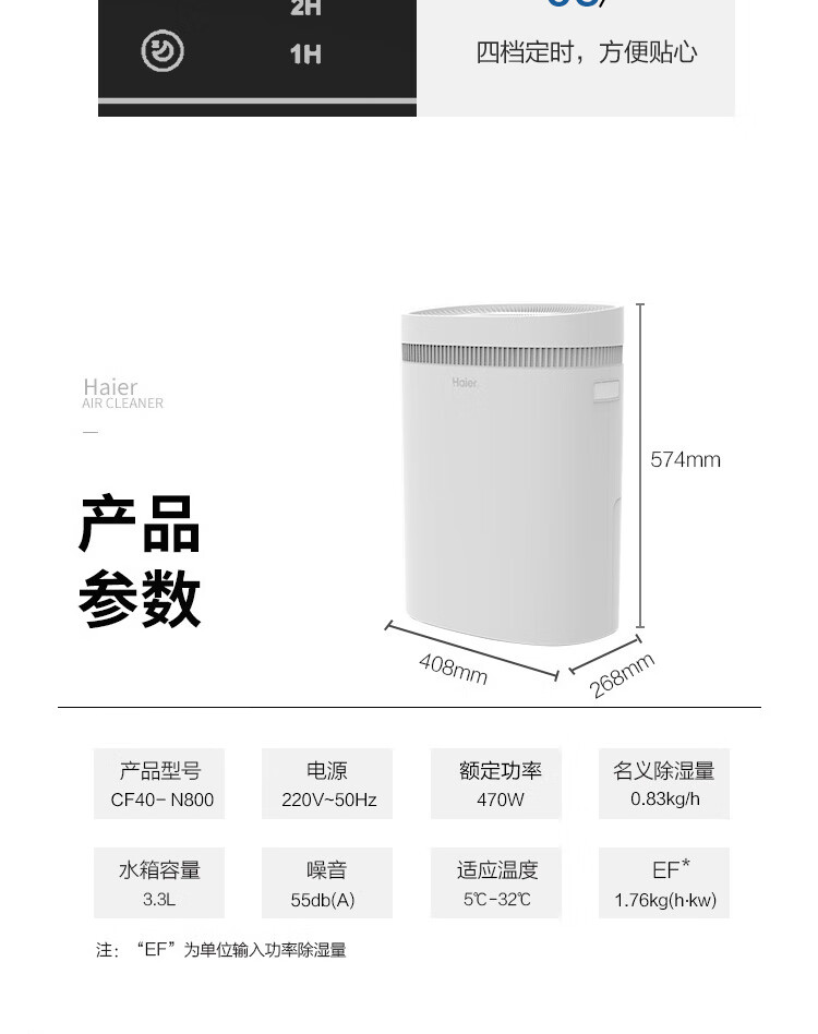 海尔（Haier）除湿机 双重排水 智能操控 一键切换 除湿机CF40-N800
