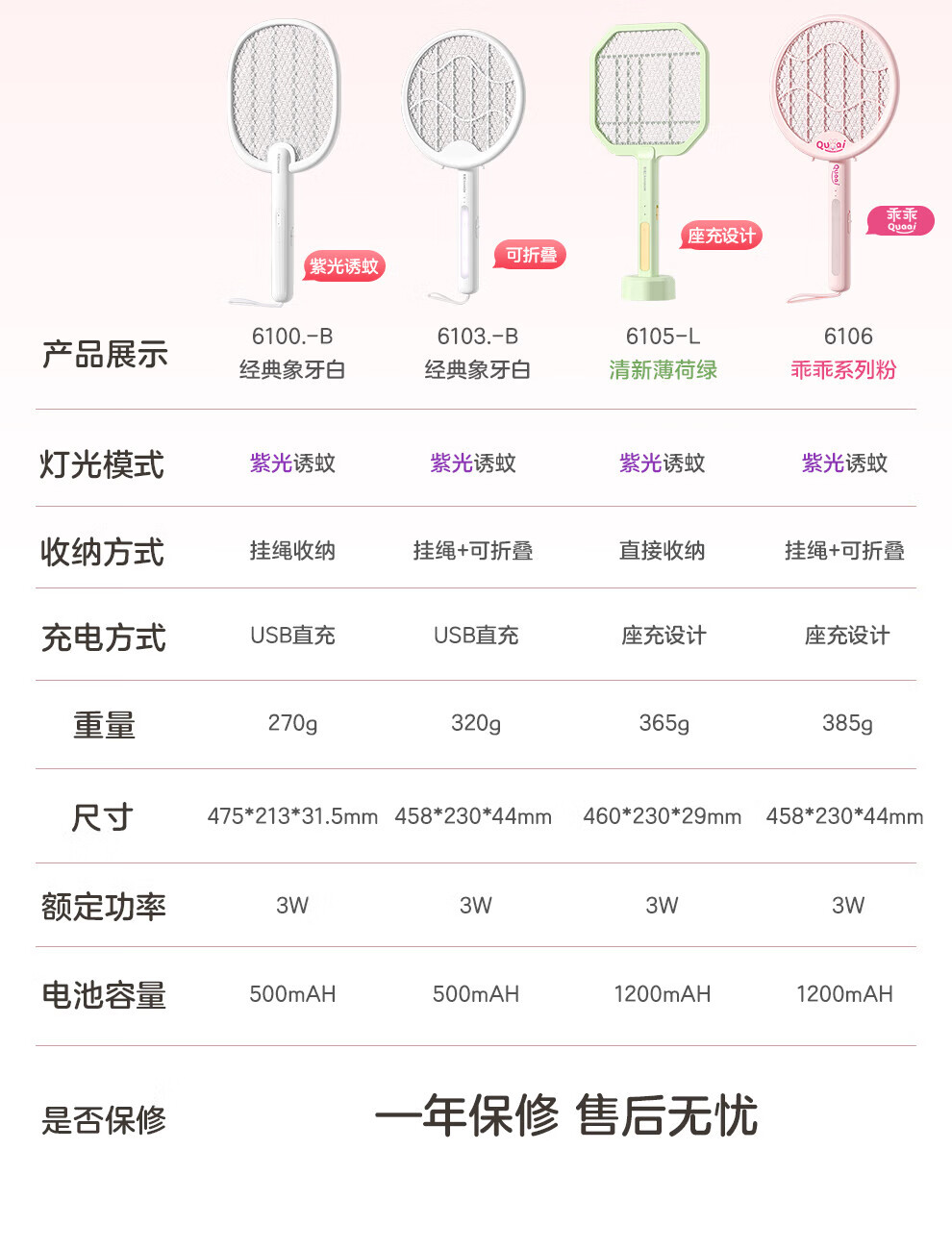 彩虹 乐活系列① 诱蚊电蚊拍 3500V强效灭蚊 象牙白 6100