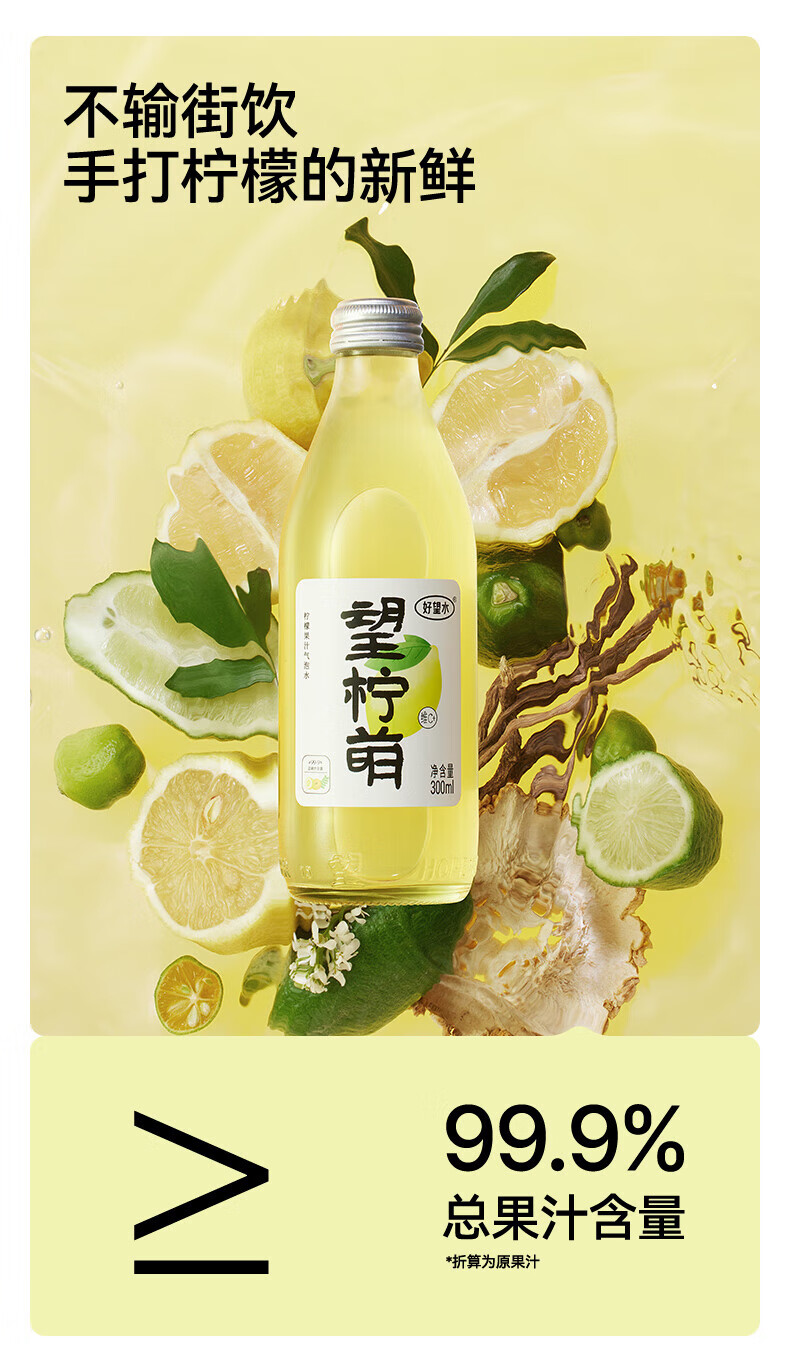 好望水 气泡水果汁饮料 柠檬味制汽水 望柠萌 300ml*6瓶/箱