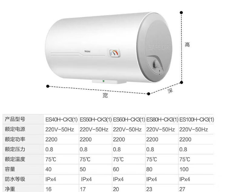 海尔（Haier）电热水器80升大容量家用2200W速热储水式节能省电高效 加热防电墙 ES80H-CK3(1)