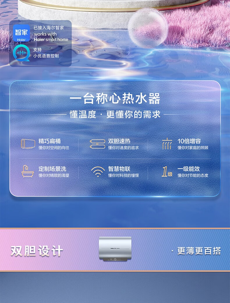 海尔（Haier）电热水器扁桶60升家用双胆 3KW速热超薄小尺寸镁棒免更换 一级节能 EC6003-PV3U1纤薄双胆-60升